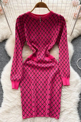 Robe courte décontractée en tricot géométrique à col rond et fermeture éclair